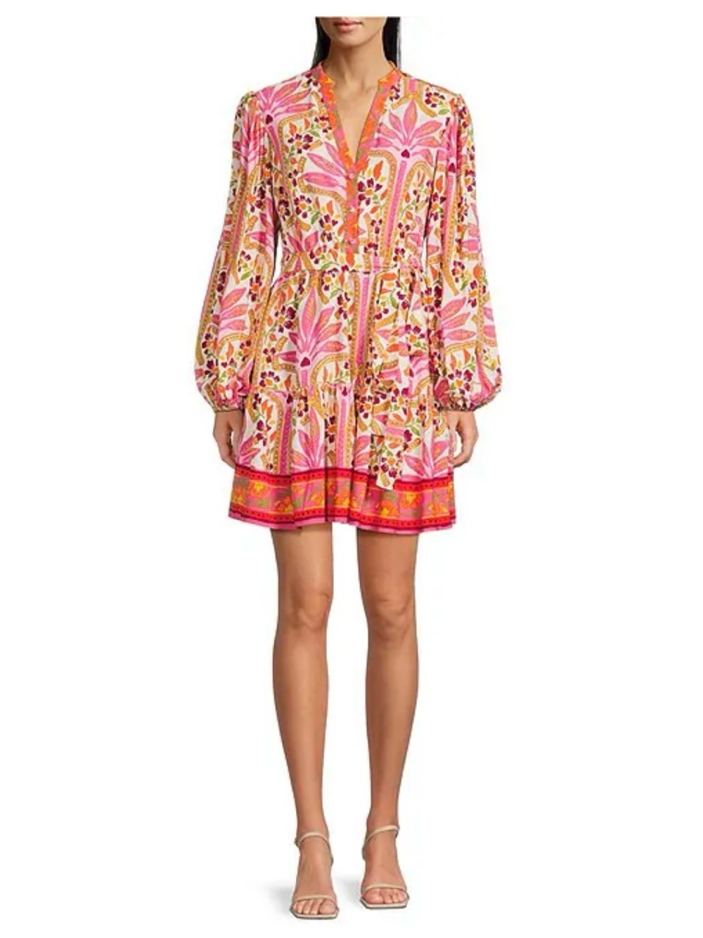 Adrianna Papell Pink Floral V-Neck Long-Sleeve Mini Dress